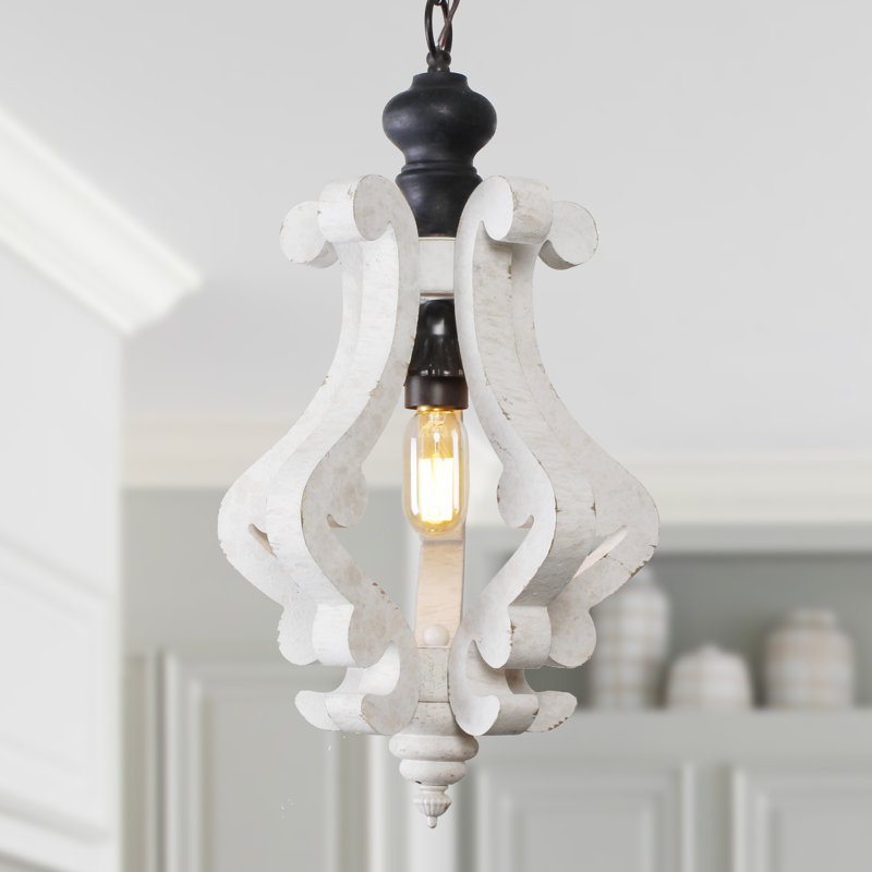 Lustre en bois à 1 lumière Farmhouse Cottage avec chaîne réglable pour îlot de cuisine, Blanc patiné