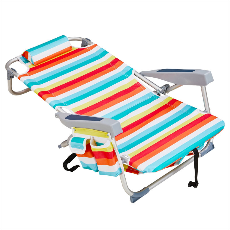 Chaise de plage pliante avec structure en aluminium, revêtement en polyester 600D, capacité de 100 kg, siège inclinable à 5 positions et fonction allongée à plat.