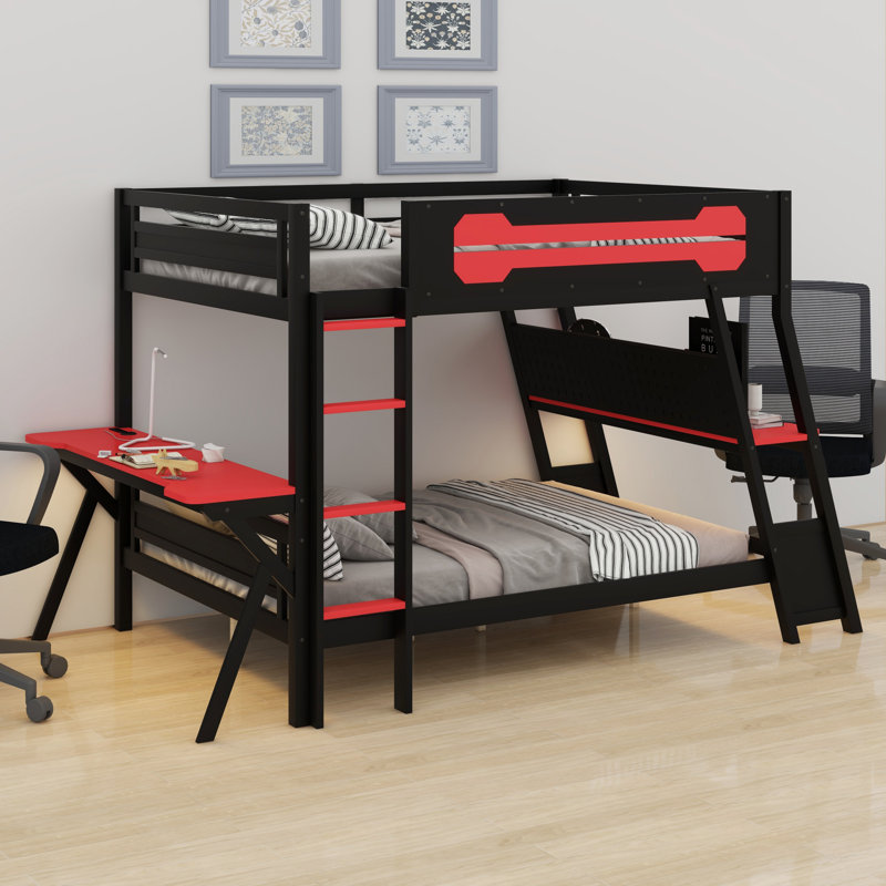 Lits superposés avec ports USB intégrés et organisateur de panneau perforé, Lit double, Noir / Rouge