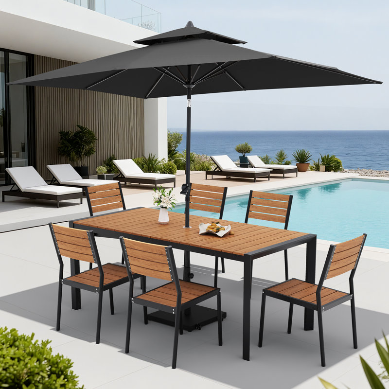 Ensemble repas pour 6 personnes en aluminium avec chaises empilables, parasol de patio et base lestée, Noir, Brun