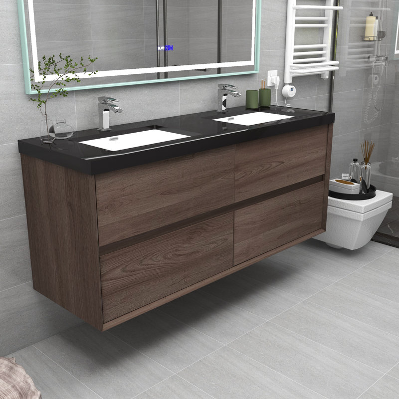 Ensemble de meuble-lavabo double mural 60 po Smariti, Chêne rouge