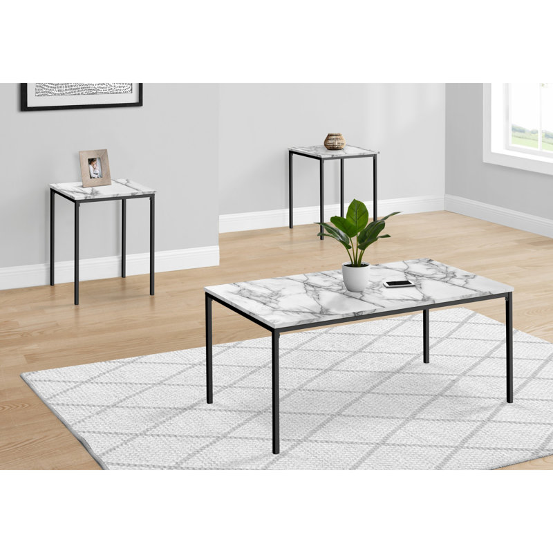 Table basse et de bout 3 pièces Mox, stratifié en faux marbre blanc, pieds en métal, White
