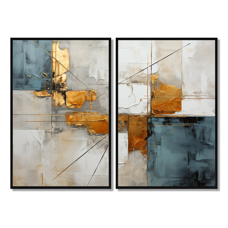 Or gris, géométrie brillante IV - ensemble de 2 grands collages d'art mural, 36" H x 48" W, Impression encadrée flottante