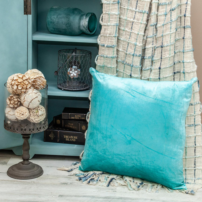 Coussin décoratif carré en mélange de coton turquoise 20 po x 20 po Parkland, Polyester / Bourre en polyester, Aigue-marine