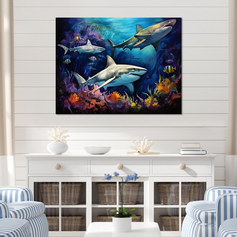 Shark Haven Under Water Painting - Shark Wall Art, Wrapped Canvas, 34" H x 44" W x 1.5" D