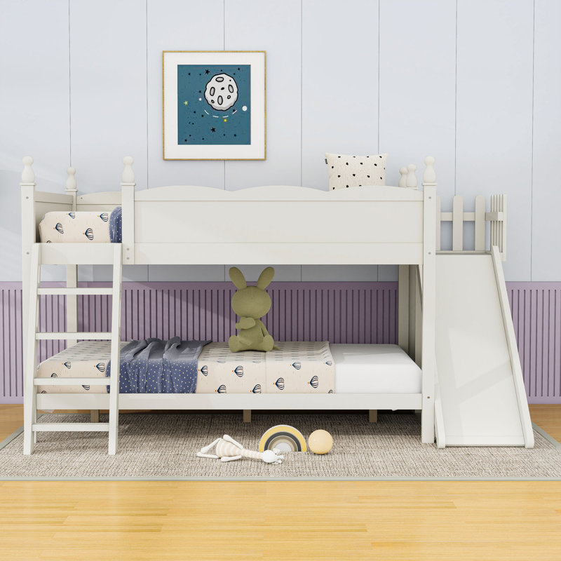 Lit superposé double en bois avec glissière et tablettes de rangement, Beige
