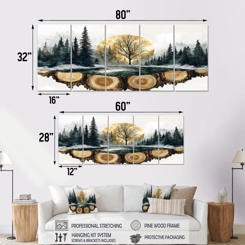 Cateline - Forest Wall Decor - Traditional Wall Art 5 pièces, H 32 po x l 80 po