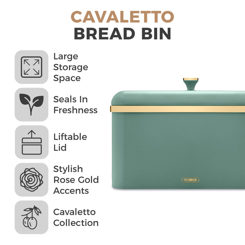 Tower Cavaletto Bread Bin with Removable Lid, Large Capacity, Durable Steel Body, Jade Green