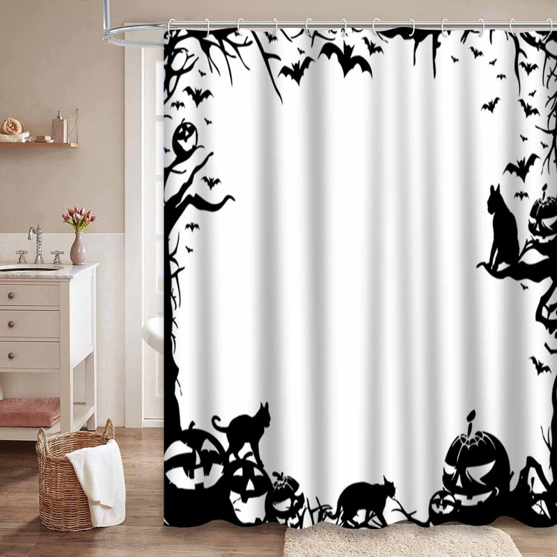 Rideau de douche Halloween avec bordure horizontale noir et blanc avec 12 crochets, L 72 po x l 78 po