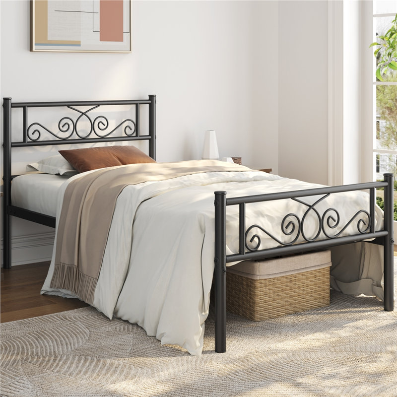 Graceful Scroll Platform Bed with Multiple Size and Color, King, Antique Gold
