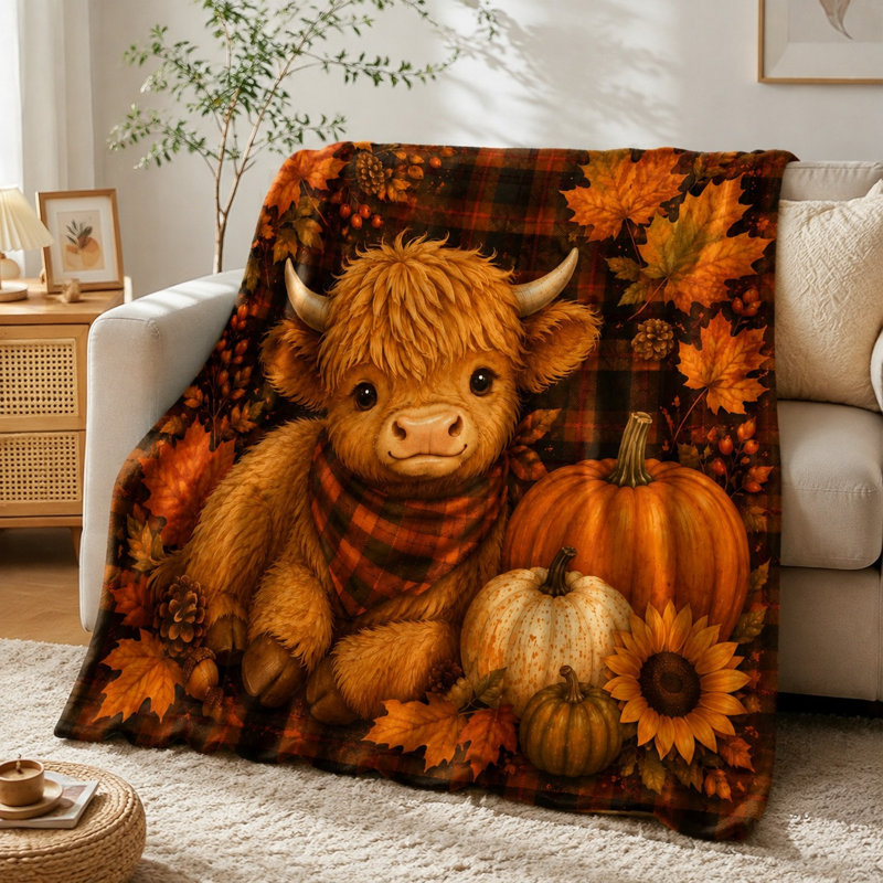 Couverture jetée en flanelle douce à motif vache des Highlands, citrouille et tournesol, idéale pour canapé, chambre ou salon.
