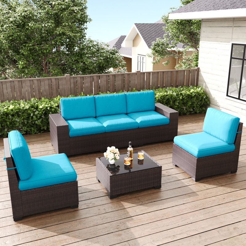  Ensemble de meubles de patio 6 pièces, ensemble de conversation modulaire en rotin noir, Bleu, Brun