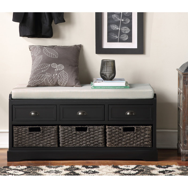 Banc de rangement en bois avec 3 tiroirs et 3 paniers, Noir