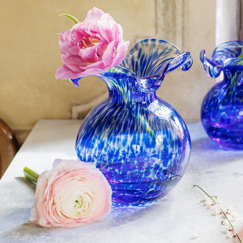 Hibiscus Handmade Glass Table Vase, 7" H x 6.25" W x 6.25" D, Cobalt