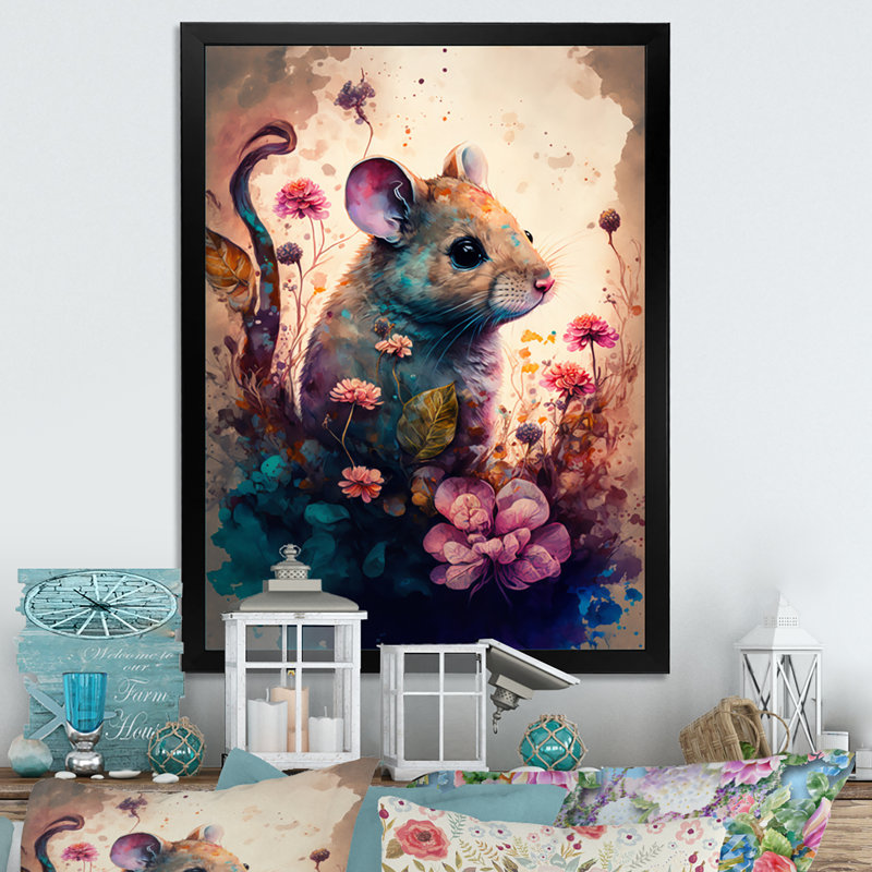 «Cute Mouse Floral Art», peinture sur toile, Impression noire sur toile encadrée, H 20 po x l 12 po x P 1 po