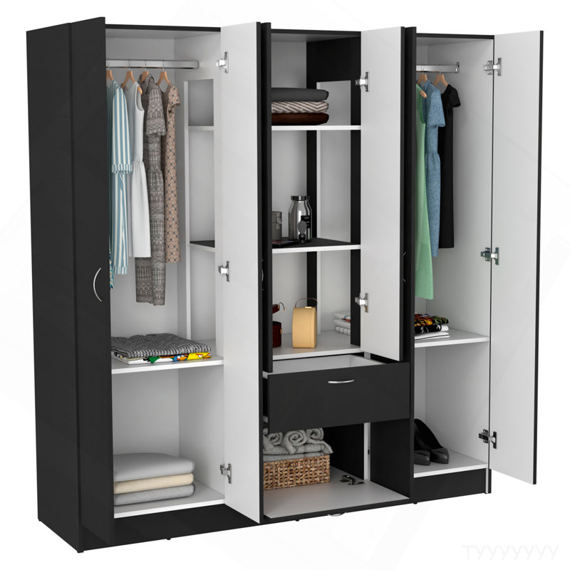 Armoire à six portes Mitu, sept tablettes intérieures, un tiroir, tringle noire / blanche