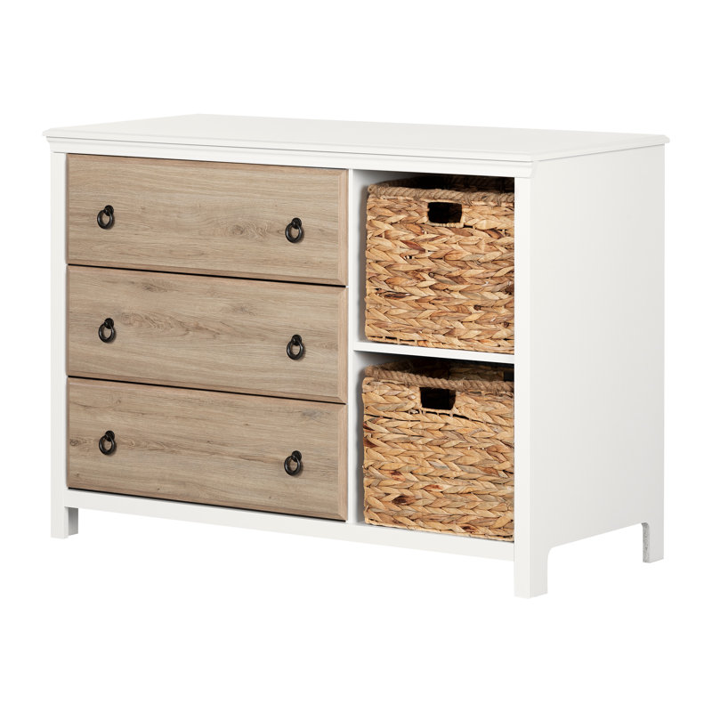 White and Rustic Oak 3-Drawer Dresser with Wicker Baskets