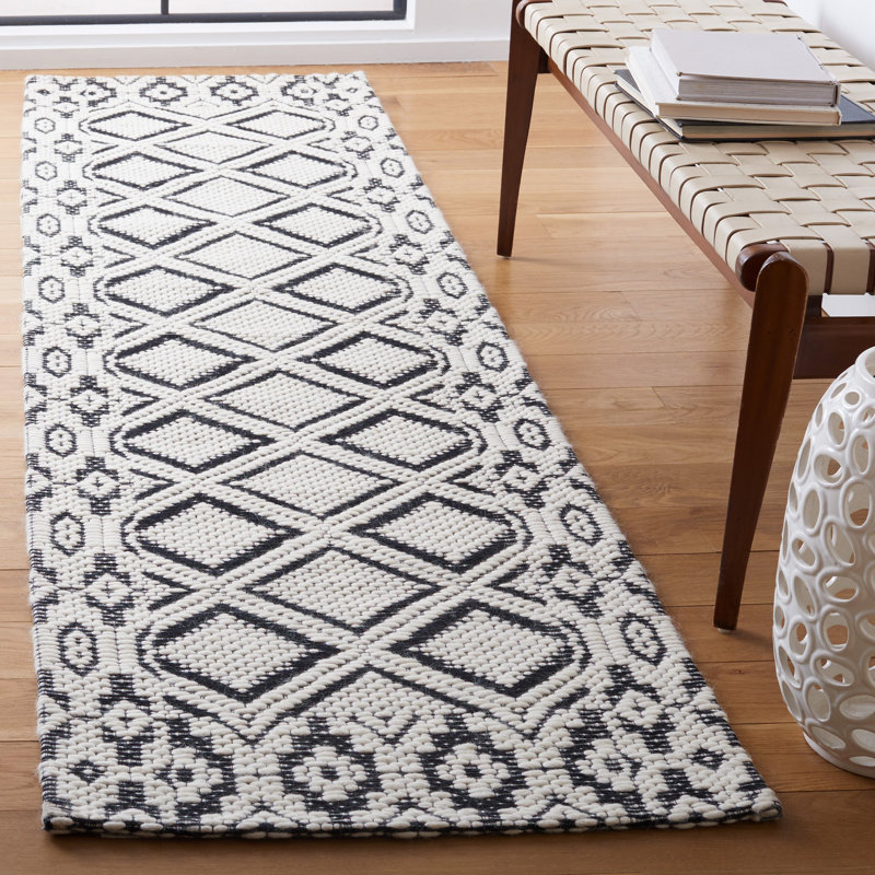 Allyx Hand Woven Wool/Cotton Geometric Rug in Ivory/Black, Runner 2'3" x 8'
