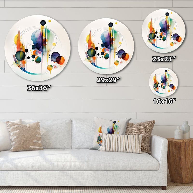 Art géométrique aquarelle multicolore I - art mural rond abstrait géométrique sur métal, L 29 po x H 29 po