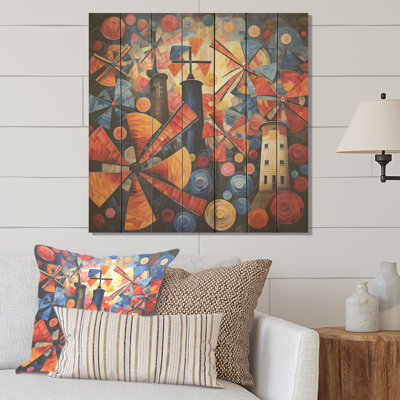Folk Art Wind Turbines Village I - Wind Turbines On Wood Print