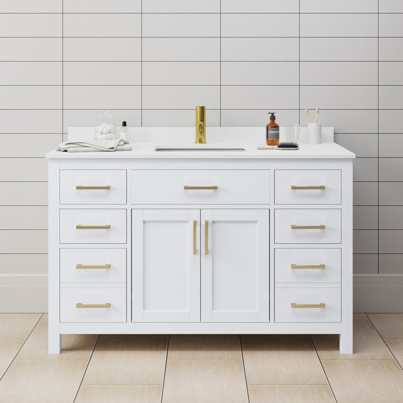 Beckett 54" Freestanding Single Bathroom Vanity with Cultured Marble Top, White Cultured Marble, White, Brushed Gold
