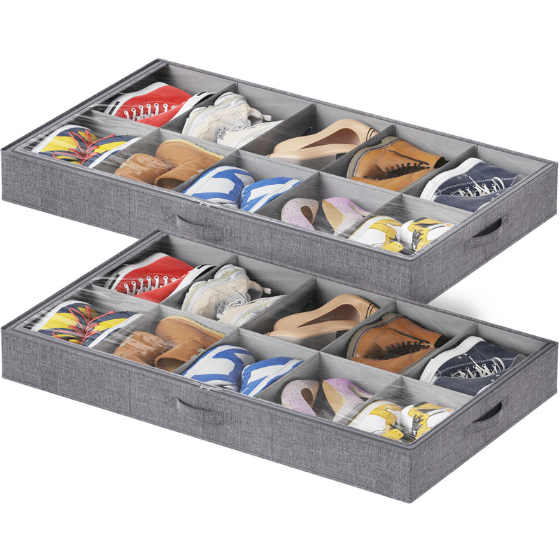 Under Bed Shoe Storage Organizer Fits 10 Pair Boots, 4.3 Inches Tall Sturdy Structure Ultra Thick Fabic Sneaker Storage, Foldable Underbed Shoe Boxes For High-Tops, Heels, Sports Shoes 2 Pack