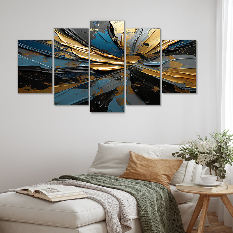 «Abstract Waves Blue Gold Outburst», art mural abstrait 5 pièces, H 32 po x l 60 po