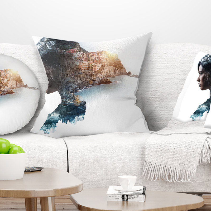 Portrait de femme double exposition - coussin imprimé, 16 po x 1 po, Coussin décoratif, Bleu / Brun