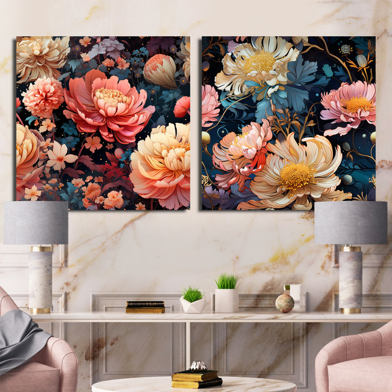 «Peach Farmhouse Flowers Serenity», ensemble de 2 collages floraux carrés, Toile tendue, H 16 po x l 33 po