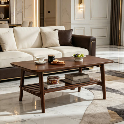 Wooden Coffee Table with Storage Shelf, Mid-Century Rectangular Center Table for Living Room