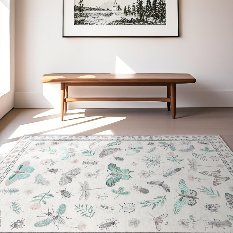 Insect Floral Area Rugs Modern Accent Carpet with Non-Slip Backing, Stain-Resistant Low Pile Floor Cover, Machine Washable Ultra-Soft Indoor Mat for Living Room, Bedroom, Kitchen