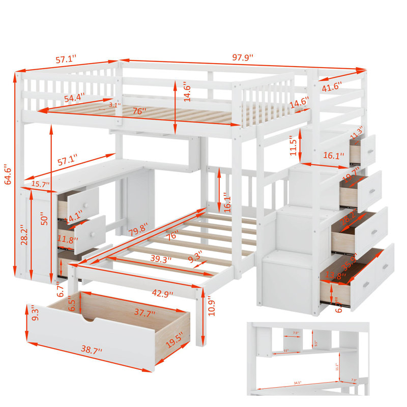 Jefforey Full Over Twin Bunk Bed with Desk, Drawers and Shelves, White