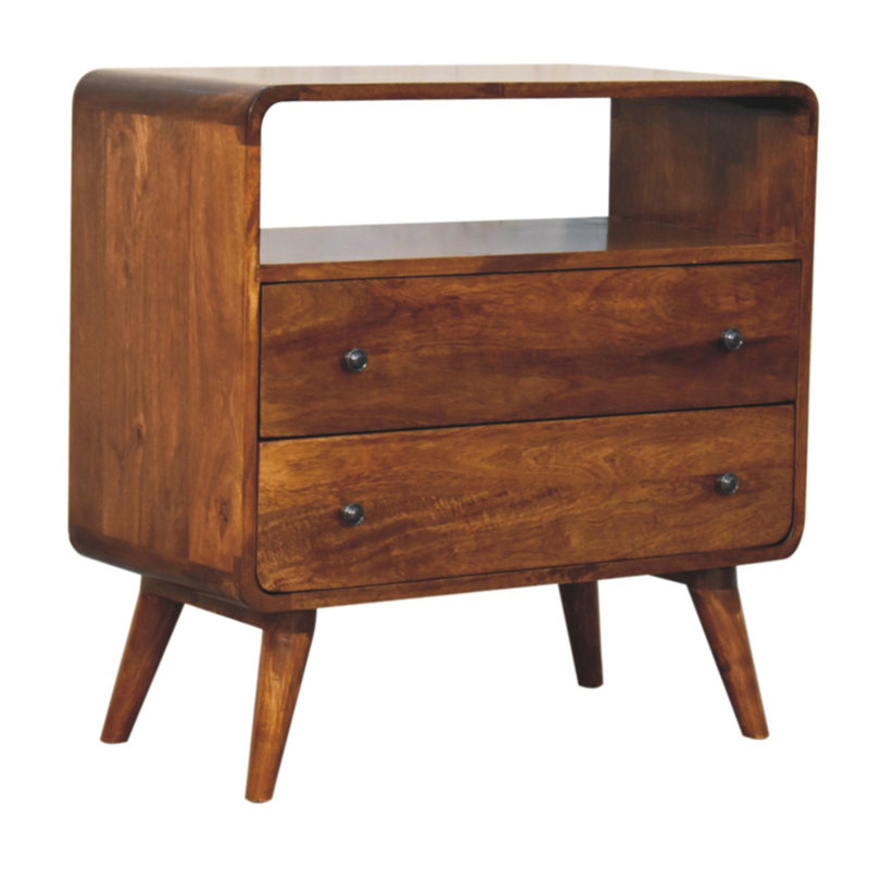Console en bois courbé Nordic Charm, 2 tiroirs, 1 rangement ouvert, pieds nordiques, brun