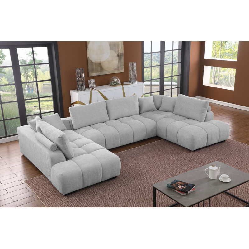Kreindy 143" Wide 4 Piece Upholstered Chenille U-Sectional Double Chaise , Fluffy Deep Tufted Cushion, Light Gray Chenille