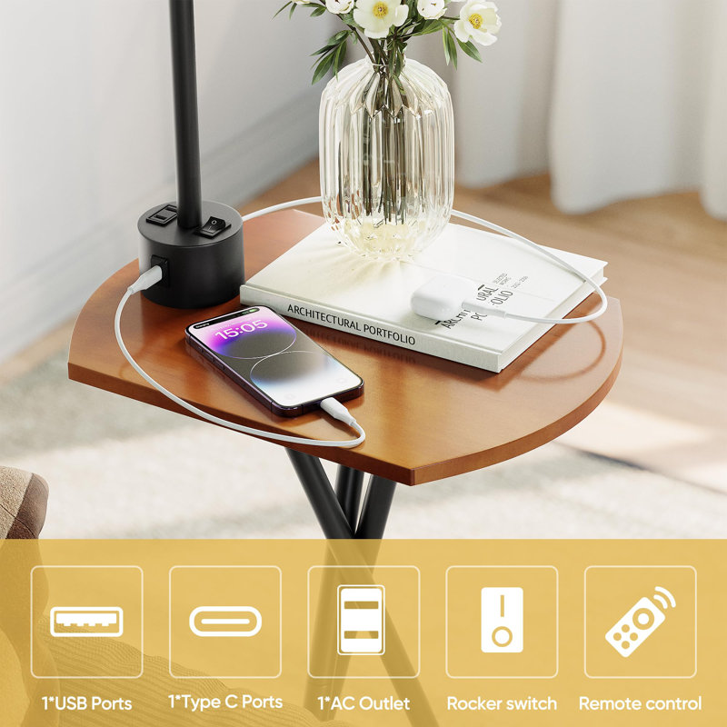Lampe sur pied avec table, lampe de table de bout avec télécommande et station de charge (port USB A et Type-C et AC), 4 températures de couleur, lampes sur pied, noir
