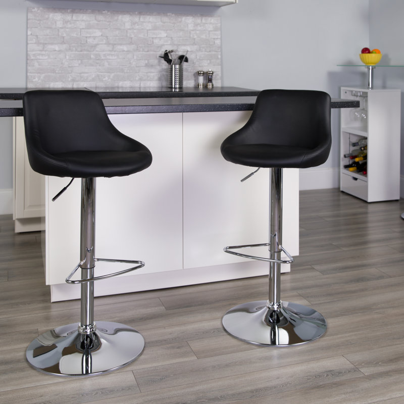 Gavin Contemporary Vinyl Bucket Seat Adjustable Height Barstool with Chrome Base, Black