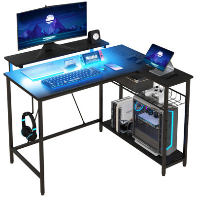 Heine L Shaped Gaming Desk LED Lights Power Outlet 107cm Black