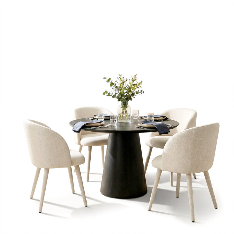 Round Dining Table Set For 4 With Upholstered Chairs, Modern Dining Set With Pedestal Base, White