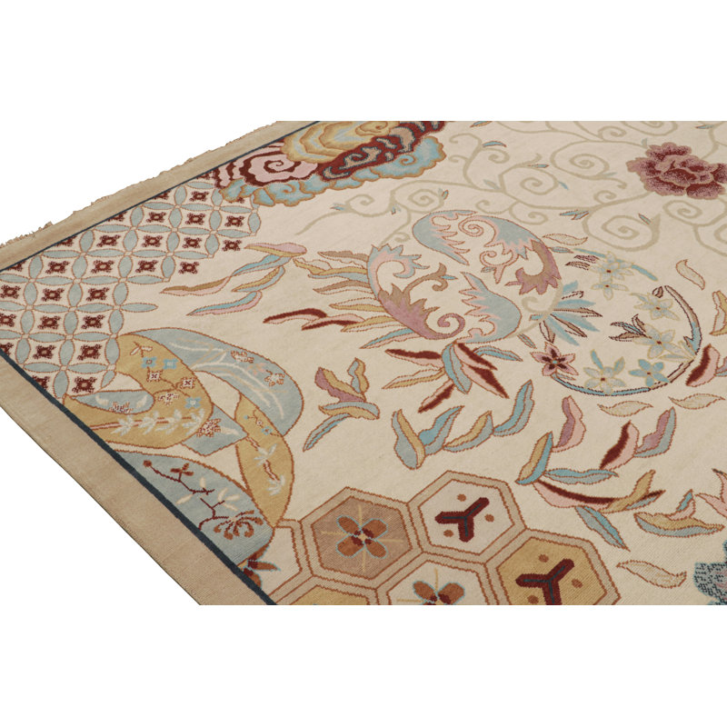 Rug & Kilim’S Chinese Art Deco Style Rug In Beige-Brown With Floral Patterns, Rectangle 9'9" x 14'1"