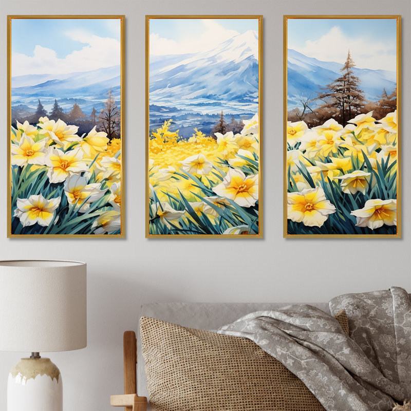 Daffodils Charm In Mountain - Ensemble de salon d'art mural jonquilles, Cadre flottant doré, H 40 po x l 60 po x P 1 po