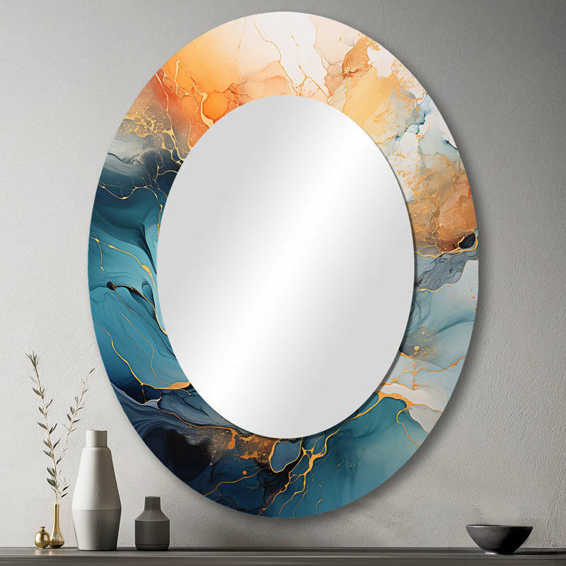 Teal Orange Bold Abstract Flow Collage II - Teal Bold & Eclectic Modern Oval Wall Mirror, 43" x 33"