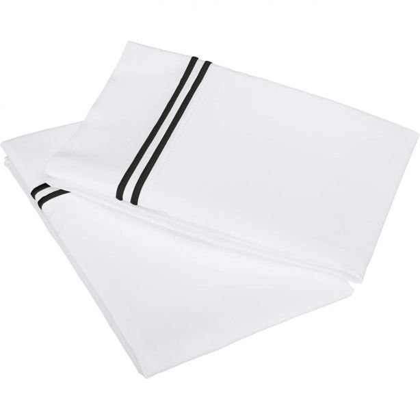 400TC Double Embroidery Cotton Sateen Pillowcases (Set Of 2), White/Black