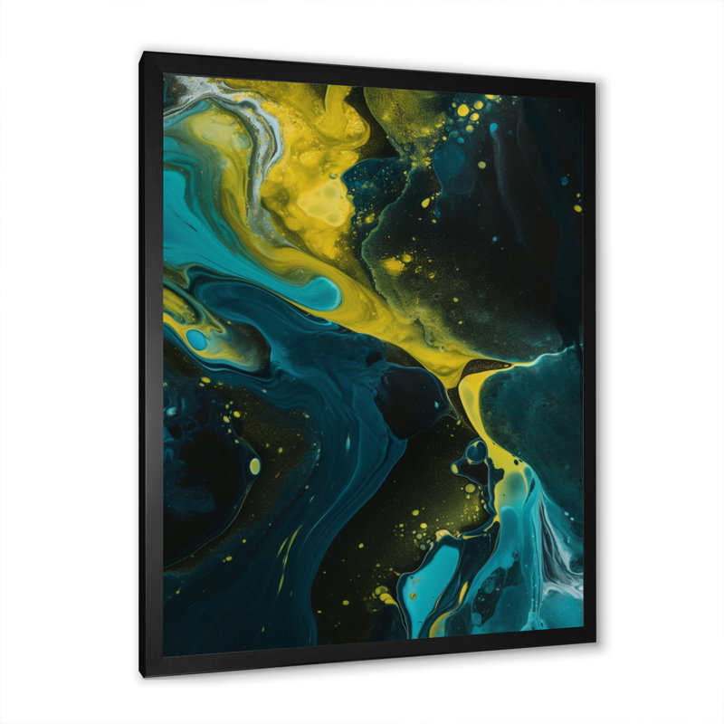 Sarcelle et jaune liquide Dreams I sur toile, H 20 po x l 12 po x P 1 po, Cadre simple noir