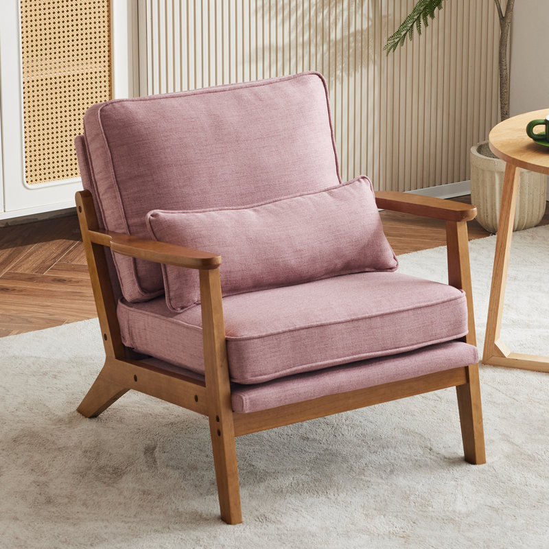 Lemley Upholstered Accent Chair With Wooden Legs And One Pillow, Pink Linen