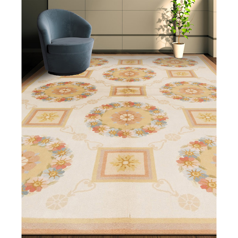 Hand-Knotted High-Quality Ivory and Gold Area Rug