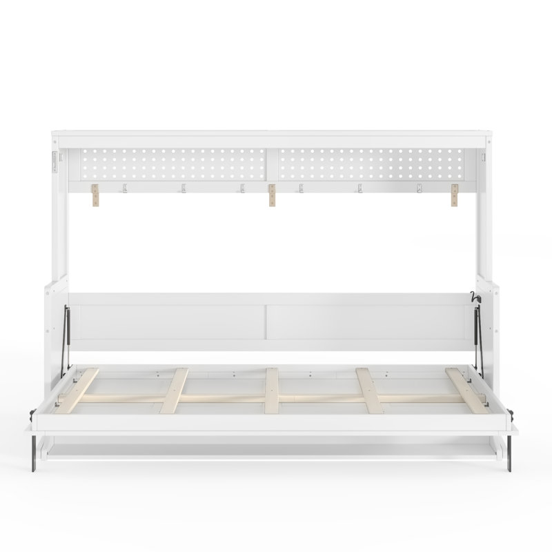 Lit escamotable double avec bureau, station de charge USB, blanc, Lit double, Blanc
