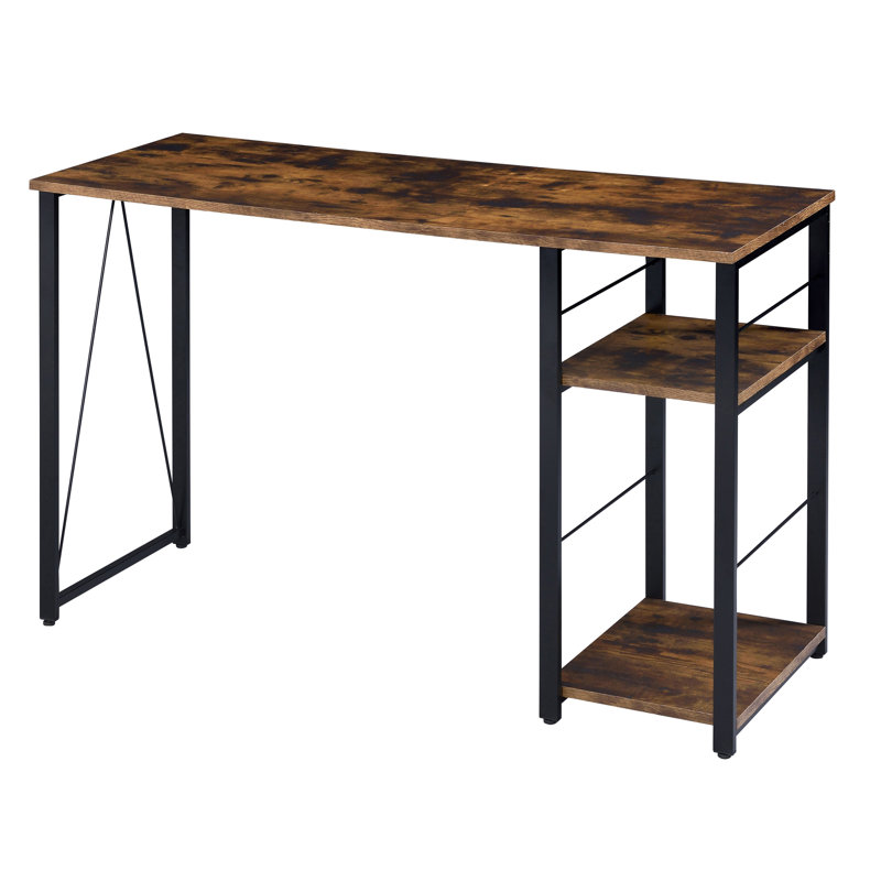 Bureau en chêne patiné et noir patiné pour une utilisation efficace avec 2 tablettes de rangement rectangulaires, Brun / Noir