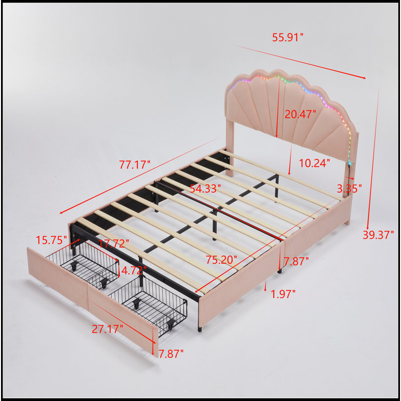 Structure de lit pleine grandeur à DEL intelligente avec 2 tiroirs de rangement et tête de lit à deux pétales chic, lit plateforme Princess avec éclairage DEL intelligent pour les filles, aucun sommier nécessaire