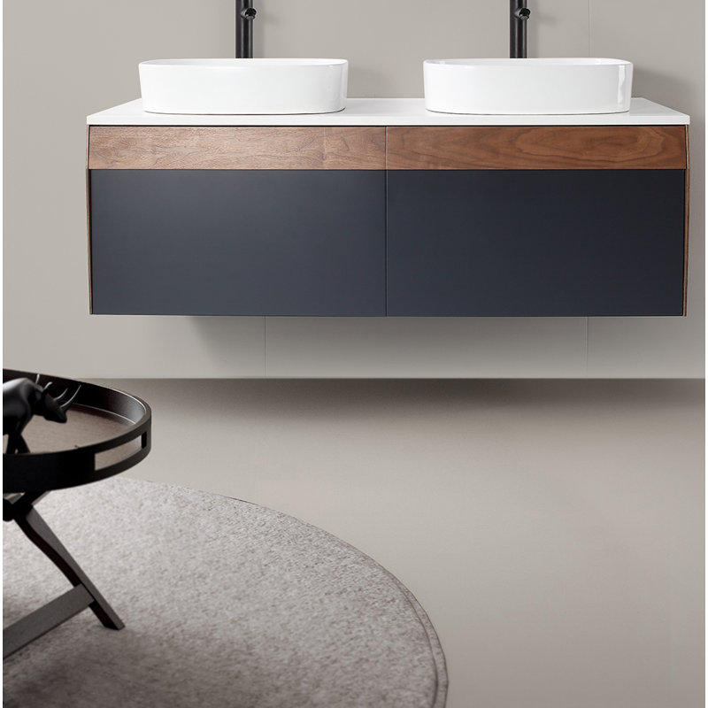 Ronda 55'' W Double Wall-Mounted Vanity, Light Brown/Dark Blue