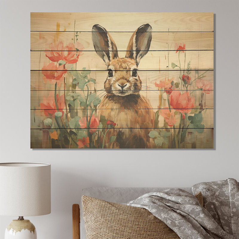 Curious Floral Rabbit Meadow I - Lapin sur bois, H 24 po x l 32 po x P 0,78 po